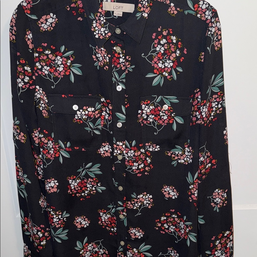 LOFT Black Floral Button-Front Blouse with Red and Pink Blooms - Picture 7 of 8